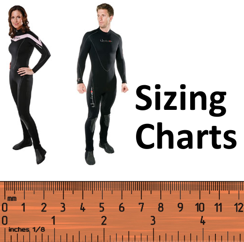 Size charts for wetsuits and accessories